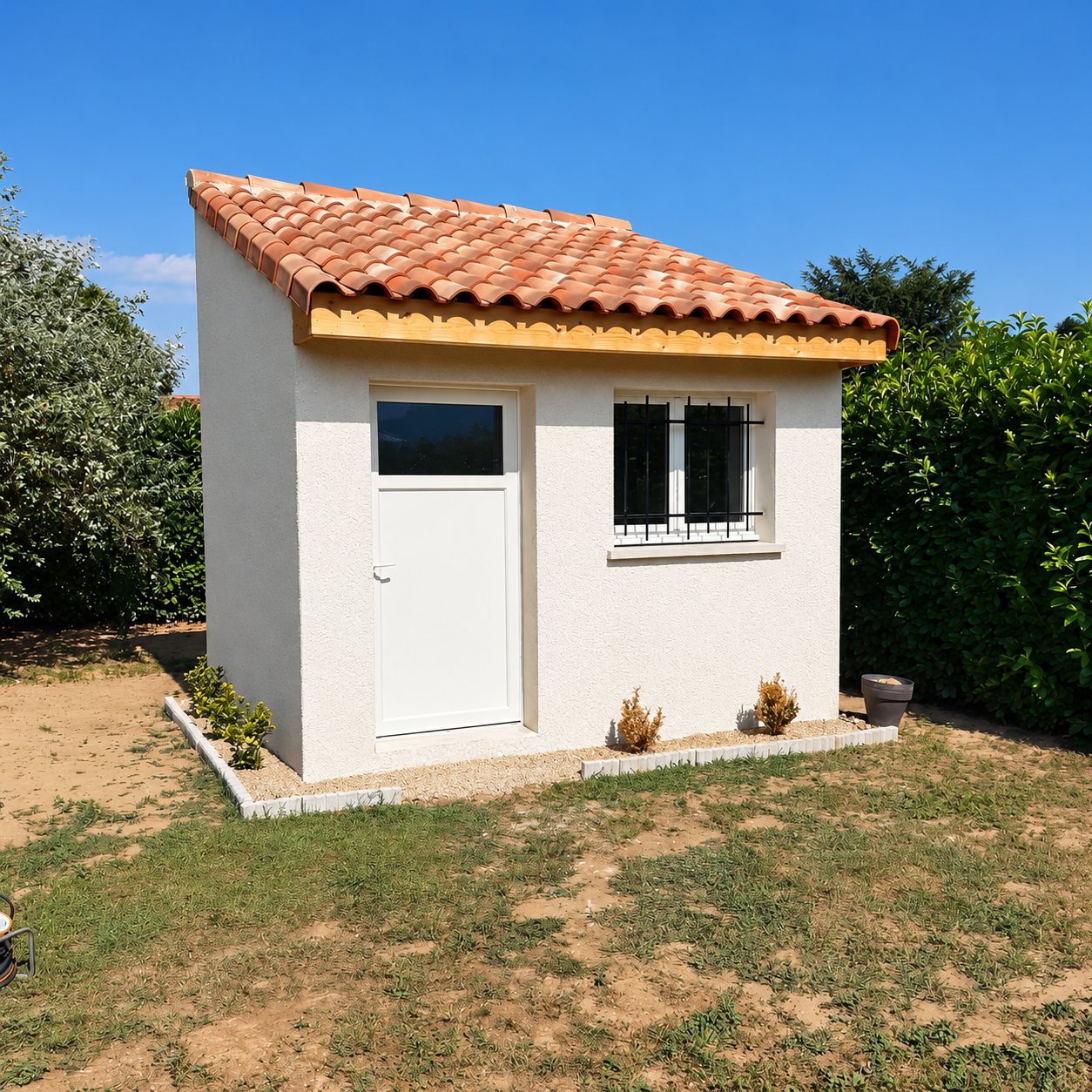 Un petit abri de jardin aux murs crépis blancs, avec une porte blanche, une fenêtre grillagée et un toit en tuiles rouges, entouré de pelouse et de haies.