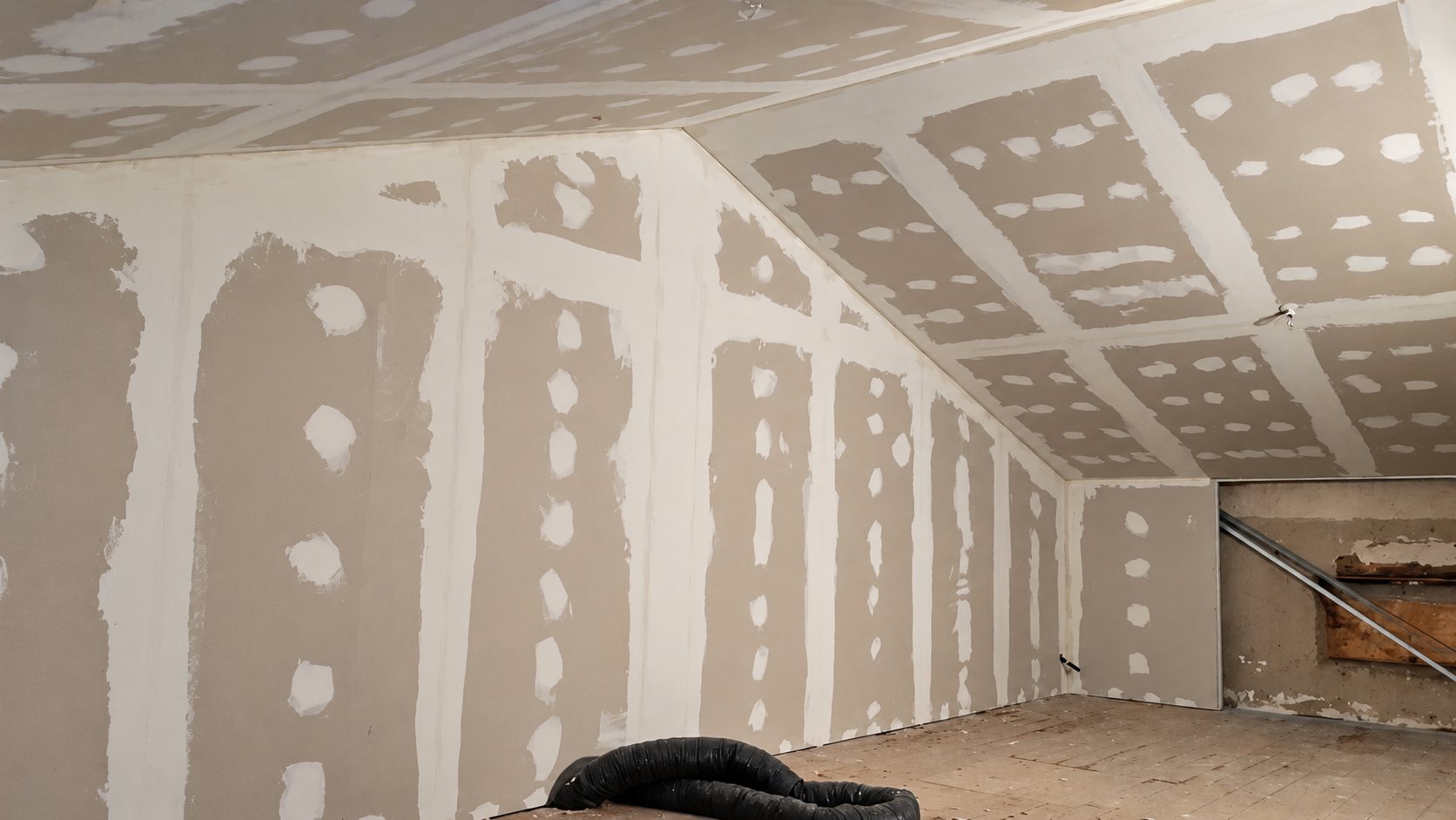 Intérieur de combles sous rampants dont les murs et le plafond sont recouverts de plaques de plâtre aux joints enduits, avec une gaine noire posée sur le plancher brut.