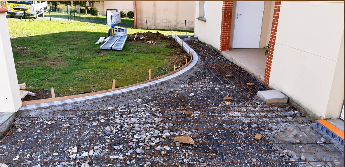 Avant : allée le long de la maison, avant et après le béton désactivé