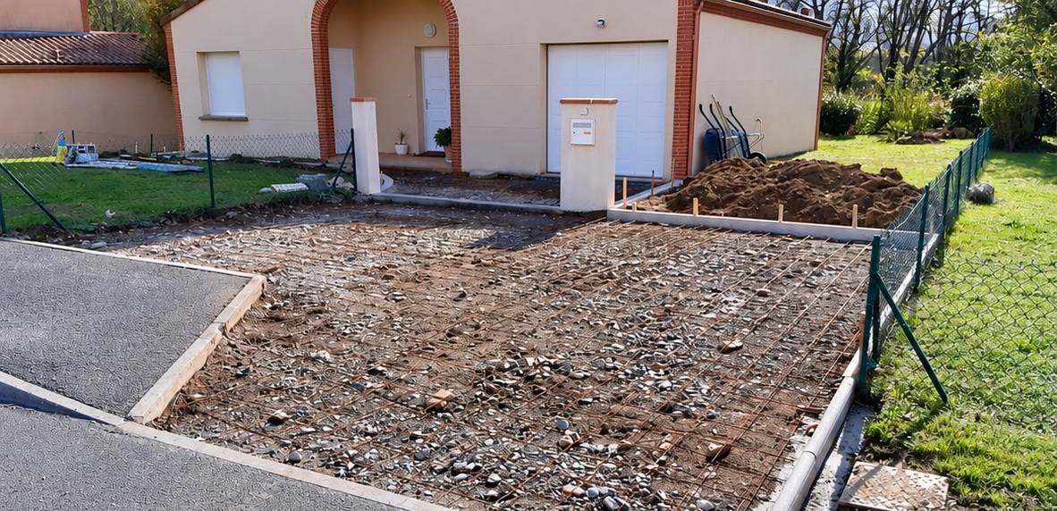 Avant : allée de maison en travaux puis en enrobé
