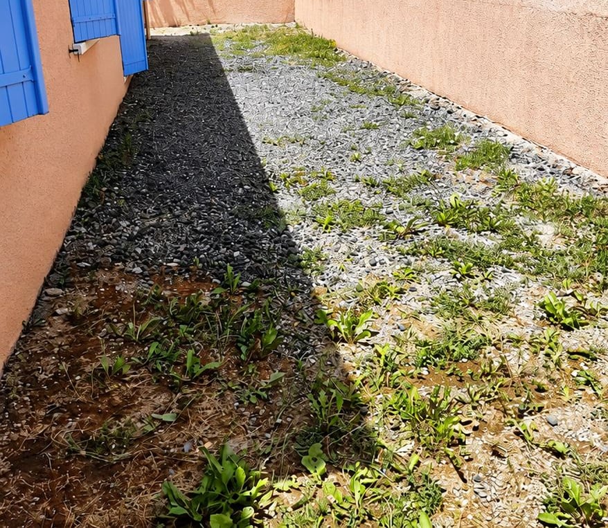 Avant : sol le long de la maison, gravier puis béton drainant