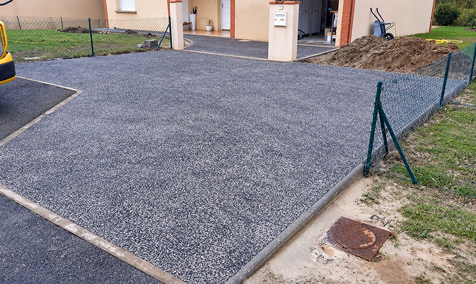 Entrée de maison en gravier gris avec terrassement et portail