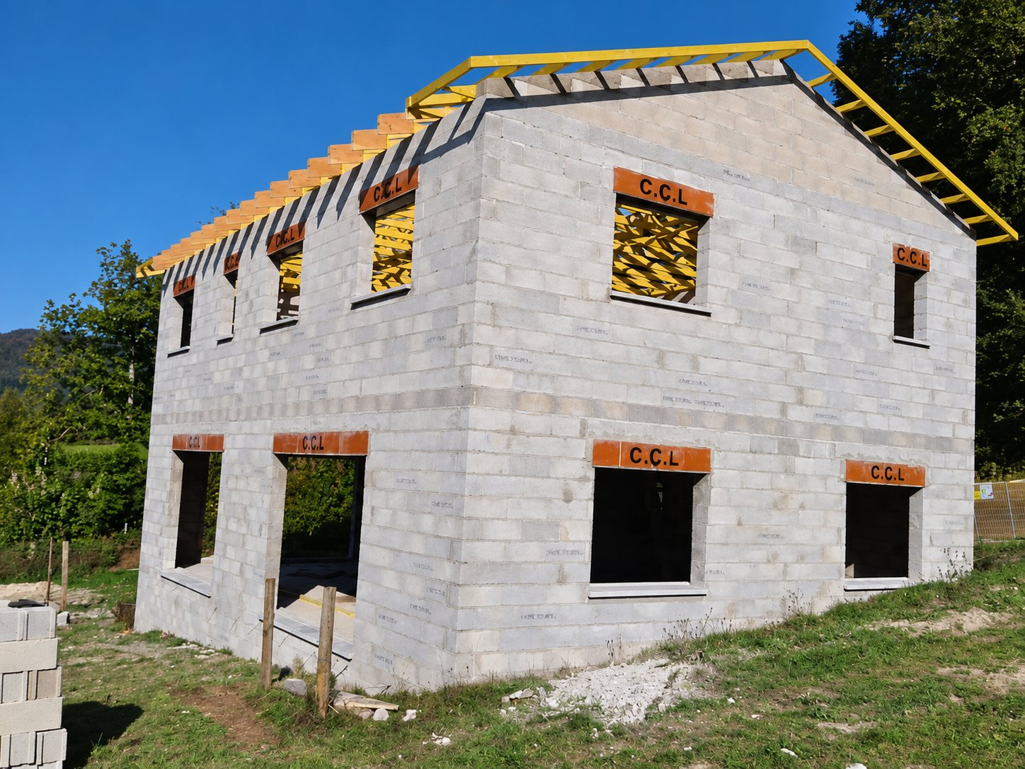 Maison en parpaings en construction avec charpente jaune posée et linteaux orange