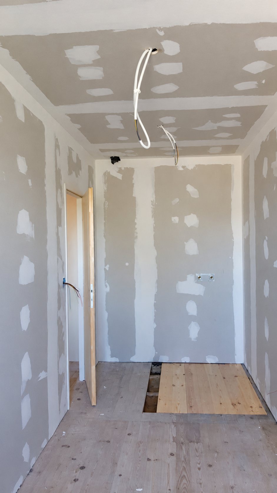 Pièce en cours de rénovation dont les murs et le plafond en plaques de plâtre sont enduits aux joints, avec des câbles électriques pendant du plafond et un parquet en bois partiellement posé.